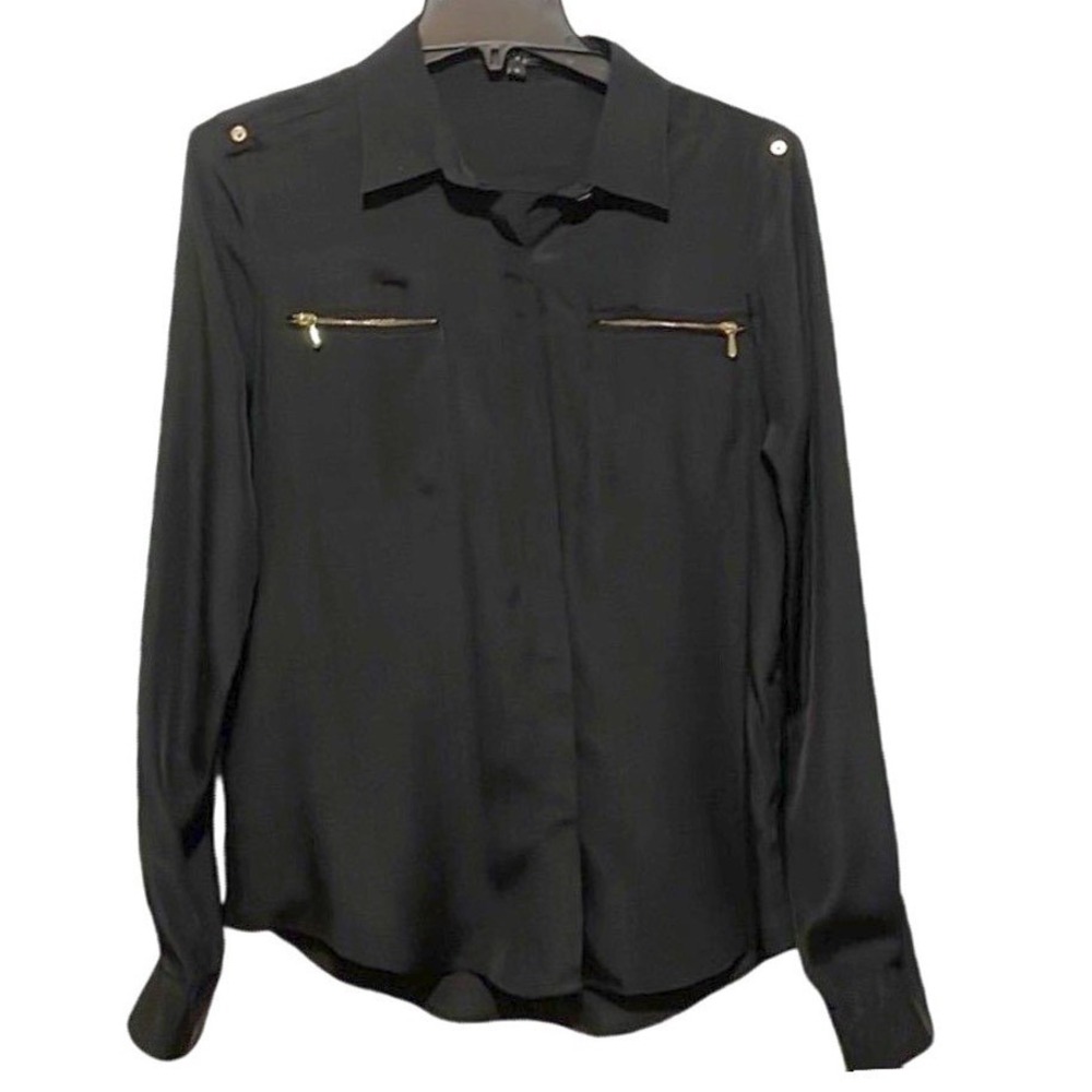 Velvet Heart Button Down Shirt‎ Small Black Gold Zipper Pockets Long Sleeve Top